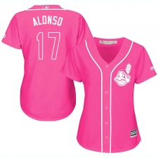 Women's Majestic Cleveland Indians #17 Yonder Alonso Authentic Pink Fashion Cool Base MLB Jersey