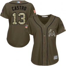 Women's Majestic Miami Marlins #13 Starlin Castro Replica Green Salute to Service MLB Jersey