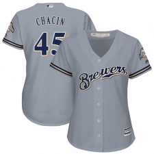 Women's Majestic Milwaukee Brewers #45 Jhoulys Chacin Replica Grey Road Cool Base MLB Jersey