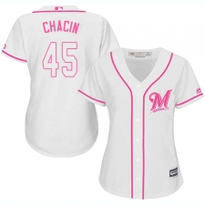 Women's Majestic Milwaukee Brewers #45 Jhoulys Chacin Replica White Fashion Cool Base MLB Jersey
