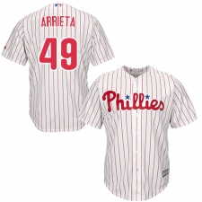 Men's Majestic Philadelphia Phillies #49 Jake Arrieta Replica White/Red Strip Home Cool Base MLB Jersey