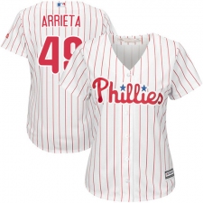 Women's Majestic Philadelphia Phillies #49 Jake Arrieta Replica White/Red Strip Home Cool Base MLB Jersey