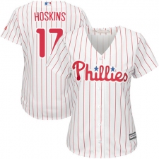 Women's Majestic Philadelphia Phillies #17 Rhys Hoskins Replica White/Red Strip Home Cool Base MLB Jersey