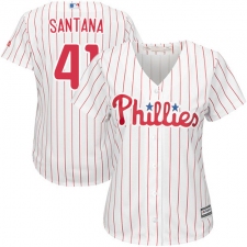 Women's Majestic Philadelphia Phillies #41 Carlos Santana Authentic White/Red Strip Home Cool Base MLB Jersey