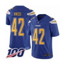 Men's Los Angeles Chargers #42 Uchenna Nwosu Limited Electric Blue Rush Vapor Untouchable 100th Season Football Jersey