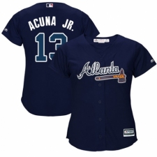 Women's Majestic Atlanta Braves #13 Ronald Acuna Jr. Authentic Blue Alternate Road Cool Base MLB Jersey