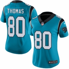 Women's Nike Carolina Panthers #80 Ian Thomas Limited Blue Rush Vapor Untouchable NFL Jersey