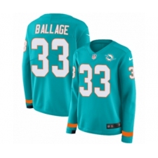 Women's Nike Miami Dolphins #33 Kalen Ballage Limited Aqua Therma Long Sleeve NFL Jersey