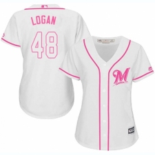 Women's Majestic Milwaukee Brewers #48 Boone Logan Authentic White Fashion Cool Base MLB Jersey