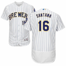 Men's Majestic Milwaukee Brewers #16 Domingo Santana White Home Flex Base Authentic Collection MLB Jersey