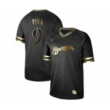Men's Milwaukee Brewers #9 Manny Pina Authentic Black Gold Fashion Baseball Jersey