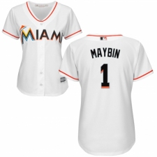Women's Majestic Miami Marlins #1 Cameron Maybin Authentic White Home Cool Base MLB Jersey