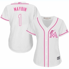 Women's Majestic Miami Marlins #1 Cameron Maybin Replica White Fashion Cool Base MLB Jersey