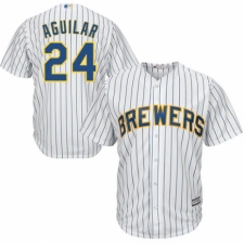 Men's Majestic Milwaukee Brewers #24 Jesus Aguilar Replica White Home Cool Base MLB Jersey
