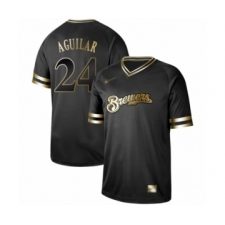 Men's Milwaukee Brewers #24 Jesus Aguilar Authentic Black Gold Fashion Baseball Jersey