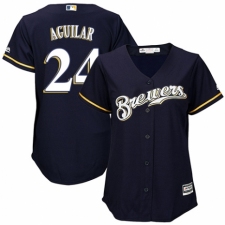 Women's Majestic Milwaukee Brewers #24 Jesus Aguilar Authentic Navy Blue Alternate Cool Base MLB Jersey