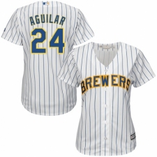 Women's Majestic Milwaukee Brewers #24 Jesus Aguilar Authentic White Home Cool Base MLB Jersey