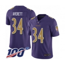 Men's Baltimore Ravens #34 Anthony Averett Limited Purple Rush Vapor Untouchable 100th Season Football Jersey
