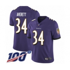 Men's Baltimore Ravens #34 Anthony Averett Purple Team Color Vapor Untouchable Limited Player 100th Season Football Jersey