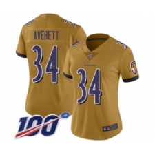 Women's Baltimore Ravens #34 Anthony Averett Limited Gold Inverted Legend 100th Season Football Jersey