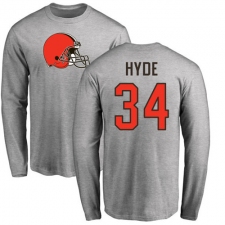 NFL Nike Cleveland Browns #34 Carlos Hyde Ash Name & Number Logo Long Sleeve T-Shirt