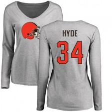NFL Women's Nike Cleveland Browns #34 Carlos Hyde Ash Name & Number Logo Long Sleeve T-Shirt