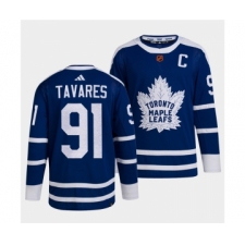 Men's Toronto Maple Leafs Black #91 John Tavares Blue 2022 Reverse Retro Stitched Jersey