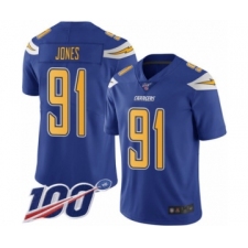 Men's Los Angeles Chargers #91 Justin Jones Limited Electric Blue Rush Vapor Untouchable 100th Season Football Jersey