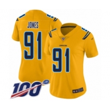 Women's Los Angeles Chargers #91 Justin Jones Limited Gold Inverted Legend 100th Season Football Jersey
