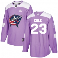 Men's Adidas Columbus Blue Jackets #23 Ian Cole Authentic Purple Fights Cancer Practice NHL Jersey