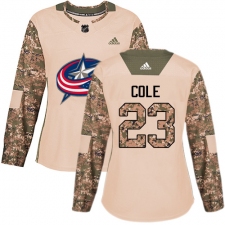 Women's Adidas Columbus Blue Jackets #23 Ian Cole Authentic Camo Veterans Day Practice NHL Jersey