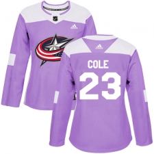 Women's Adidas Columbus Blue Jackets #23 Ian Cole Authentic Purple Fights Cancer Practice NHL Jersey