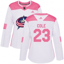 Women's Adidas Columbus Blue Jackets #23 Ian Cole Authentic White Pink Fashion NHL Jersey