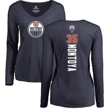 NHL Women's Adidas Edmonton Oilers #35 Al Montoya Navy Blue Backer Slim Fit Long Sleeve T-Shirt