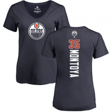 NHL Women's Adidas Edmonton Oilers #35 Al Montoya Navy Blue Backer Slim Fit V-Neck T-Shirt