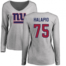 NFL Women's Nike New York Giants #75 Jon Halapio Ash Name & Number Logo Long Sleeve T-Shirt