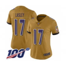 Women's Baltimore Ravens #17 Jordan Lasley Limited Gold Inverted Legend 100th Season Football Jersey