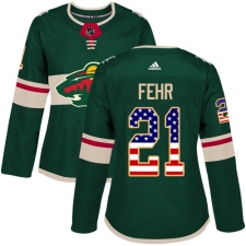 Women's Adidas Minnesota Wild #21 Eric Fehr Authentic Green USA Flag Fashion NHL Jersey