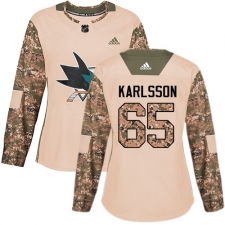Women's Adidas San Jose Sharks #65 Erik Karlsson Authentic Camo Veterans Day Practice NHL Jersey