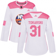 Women's Adidas New York Islanders #31 Dustin Tokarski Authentic White Pink Fashion NHL Jersey