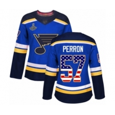 Women's St. Louis Blues #57 David Perron Authentic Blue USA Flag Fashion 2019 Stanley Cup Champions Hockey Jersey
