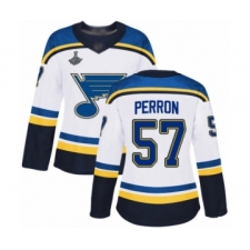 Women's St. Louis Blues #57 David Perron Authentic White Away 2019 Stanley Cup Champions Hockey Jersey