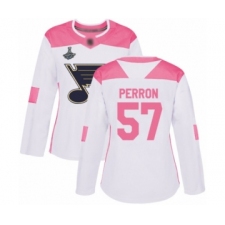 Women's St. Louis Blues #57 David Perron Authentic White Pink Fashion 2019 Stanley Cup Champions Hockey Jersey