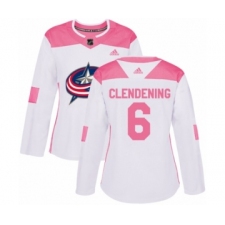 Women's Adidas Columbus Blue Jackets #6 Adam Clendening Authentic White Pink Fashion NHL Jersey