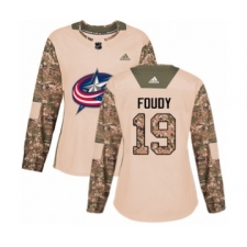 Women's Adidas Columbus Blue Jackets #19 Liam Foudy Authentic Camo Veterans Day Practice NHL Jersey