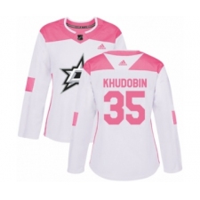 Women's Adidas Dallas Stars #35 Anton Khudobin Authentic White Pink Fashion NHL Jersey