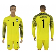Brazil 1 ALISSON Yellow Goalkeeper 2018 FIFA World Cup Long Sleeve Soccer Jersey