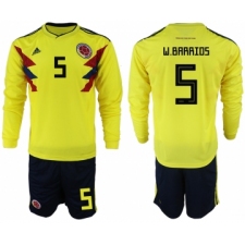 Colombia 5 W. BARRIOS Home 2018 FIFA World Cup Long Sleeve Soccer Jersey