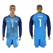 Germany 1 NEUER Lake Blue Goalkeeper 2018 FIFA World Cup Long Sleeve Soccer Jersey
