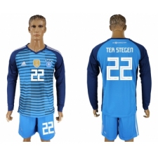 Germany 22 TER STEGEN Lake Blue Goalkeeper 2018 FIFA World Cup Long Sleeve Soccer Jersey